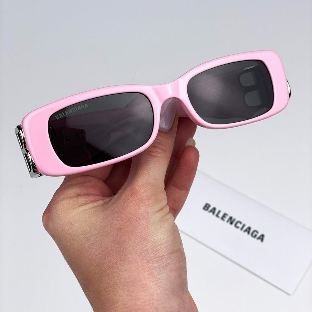 Balenciaga  BB0096S 012 Sunglasses Pink Silver Logo Grey Rectangle Unisex - Picture 4 of 12